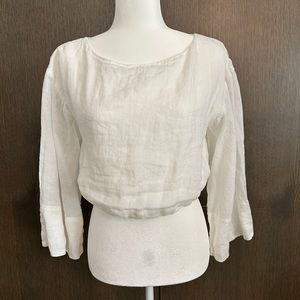 Cropped Cream 3/4  sleeve top in linen looking fabric with bodice lining